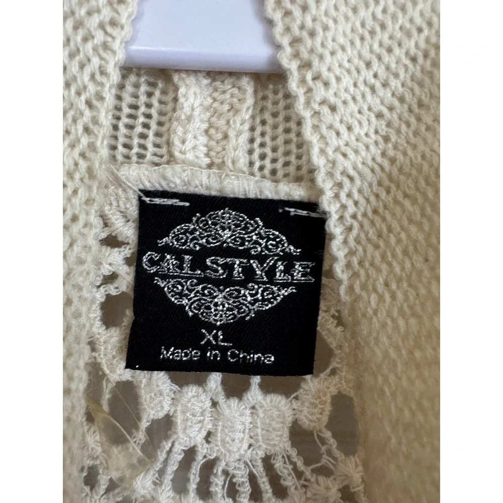 Calstyle Cardigan Womens XL Cream Open Front Crochet Boho Sharkbite Hem Cottage‎